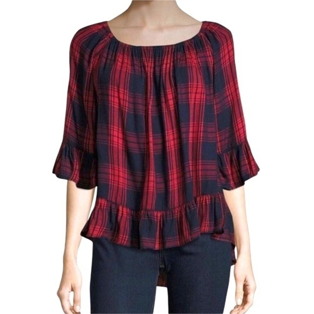 beachlunchlounge‎ Ruffle Sleeve & Hem Plaid Popover Top, Medium
